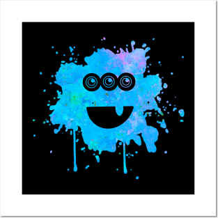 Blue Monster with Three Eyes Paint Splat Posters and Art